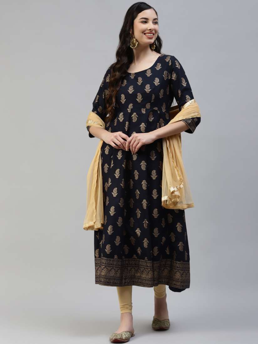 Buy Poshak Hub Women Blue Gold Toned Cotton Ethnic Motif Print Kurta Leggings With Dupatta Kurta Sets for Women 17351488 Myntra