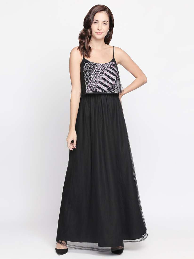 Buy aaliya Black Embroidered Layered Net Maxi Dress Dresses for Women 17354054 Myntra