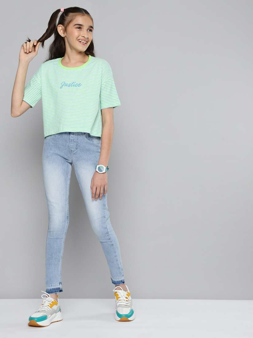 Buy JUSTICE Girls Blue Solid Denim Jeggings With Side Tape Detailing Jeggings for Girls 17368342 Myntra
