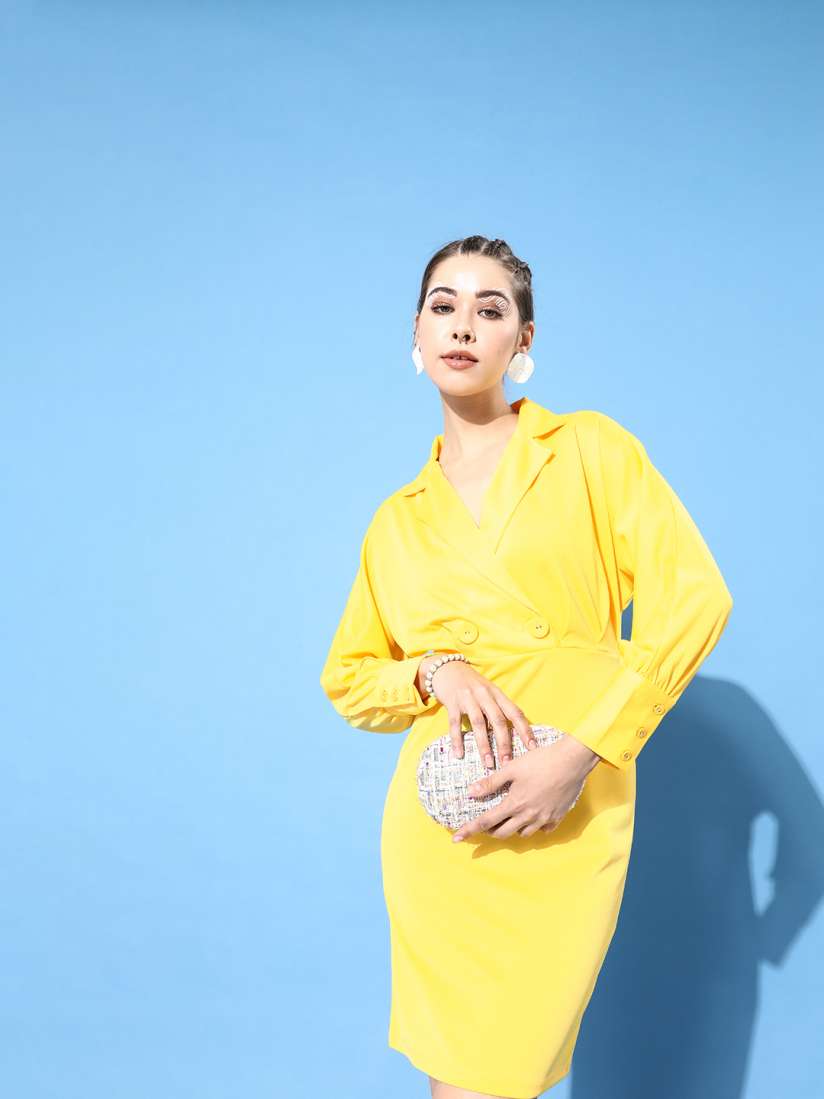 Buy KASSUALLY Women Bright Yellow Solid Zoom Friendly Collar Dress Dresses for Women 17371612 Myntra