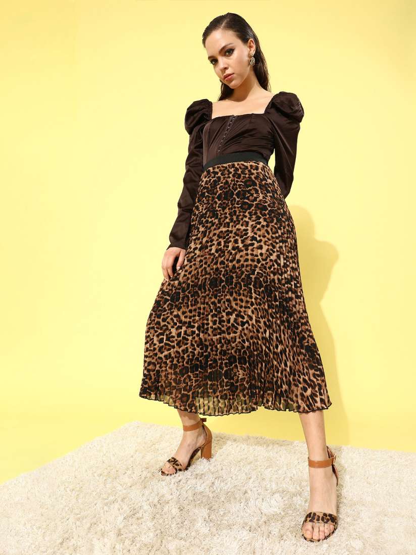 Buy KASSUALLY Women Classy Beige Animal Printed Pleated Form Skirt Skirts for Women 17371672 Myntra