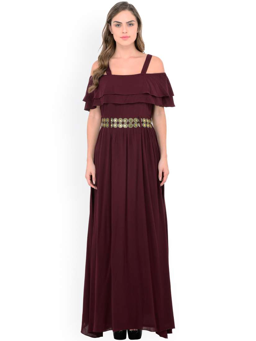 Buy Athena Women Burgundy Solid Cold Shoulder Maxi Dress - Dresses for Women  1738871 | Myntra