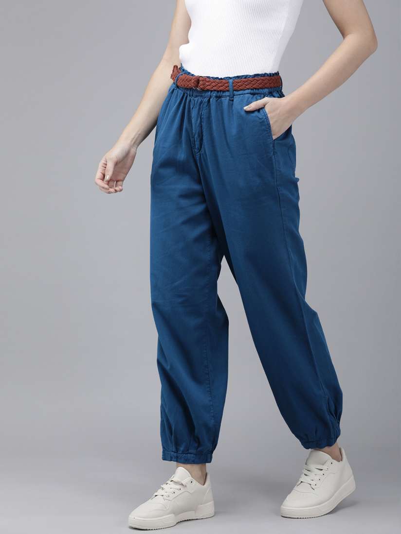Buy The Roadster Lifestyle Co. Women Pure Cotton Pleated Joggers Comes With A Belt Trousers for Women 17398538 Myntra
