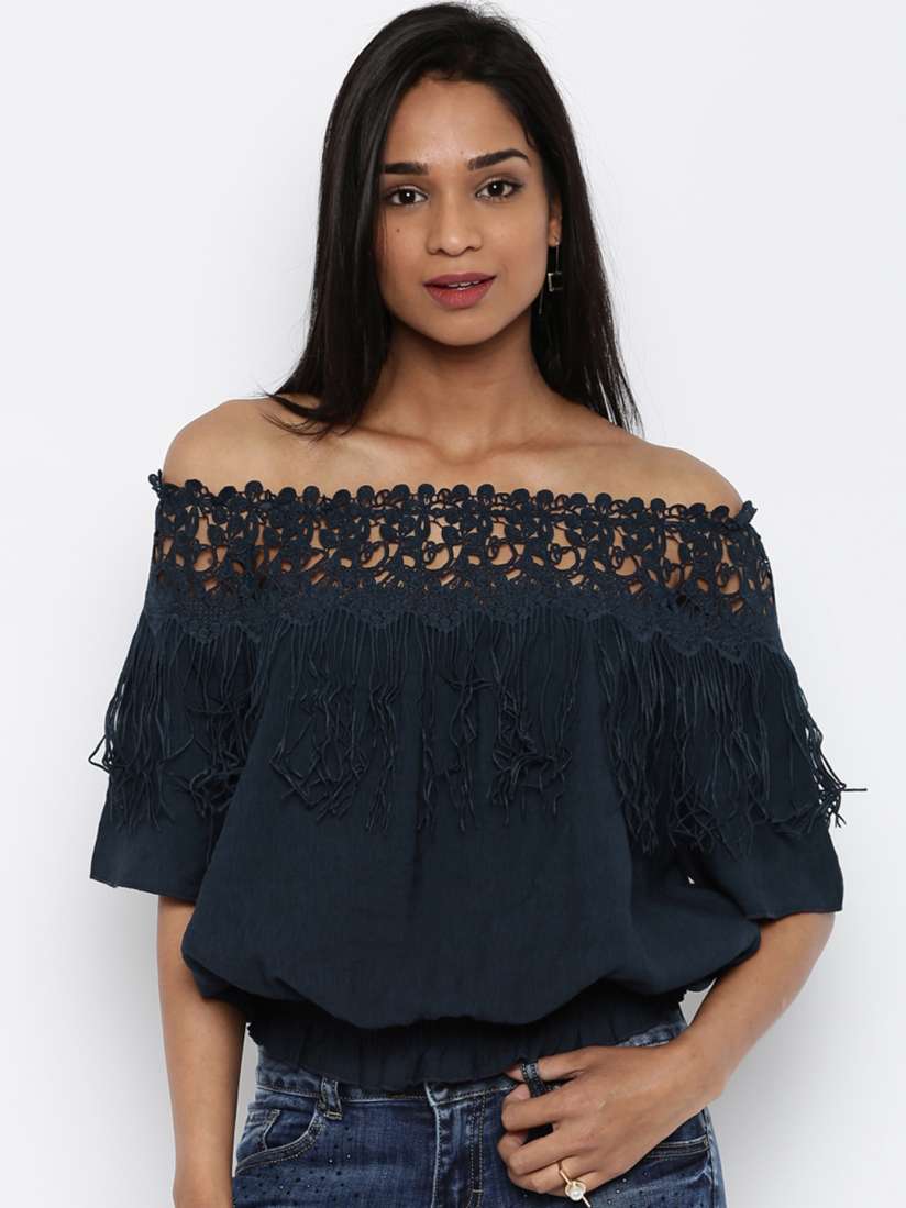 Buy Deal Jeans Women Navy Blue Solid Blouson Off Shoulder Top Tops for Women 1742111 Myntra