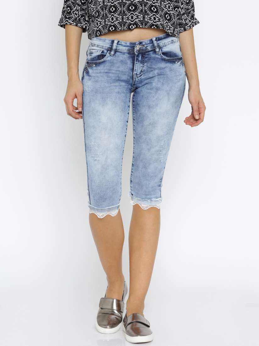 Buy Deal Jeans Blue Washed Embellished Capris Capris for Women 1742194 Myntra