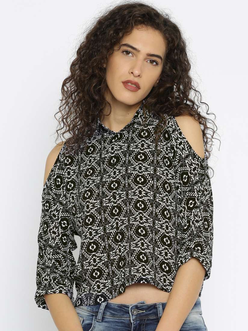 Buy Deal Jeans Women Black Printed Shirt Style Cold Shoulder Top Tops for Women 1742195 Myntra