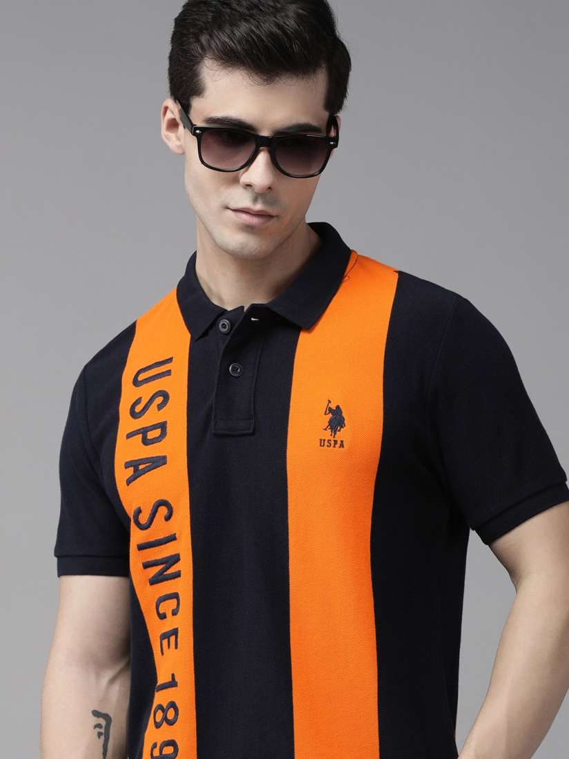 Buy U S Polo Assn Men Black Orange Striped Polo Collar Slim Fit Pure Cotton T shirt Tshirts for Men 17427792 Myntra