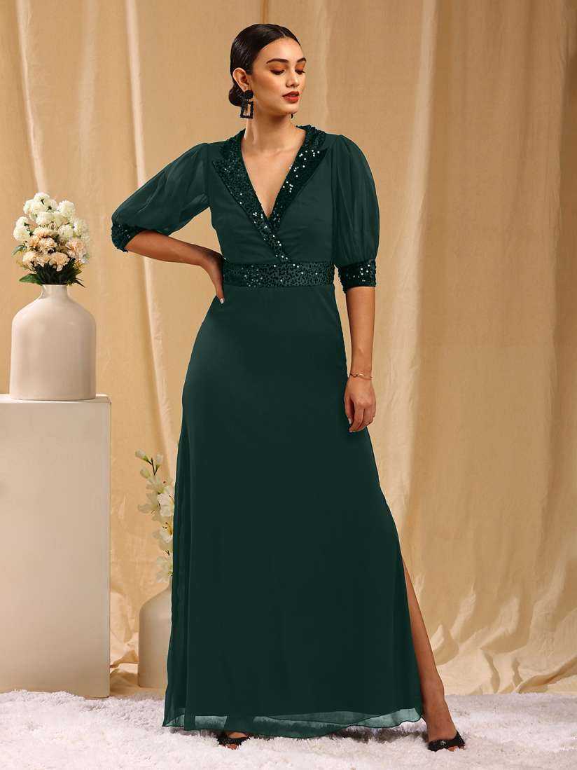 Buy TRENDY DIVVA Green Georgette Puff Sleeves Embellished Side Slit Maxi Party Dress Dresses for Women 17429238 Myntra