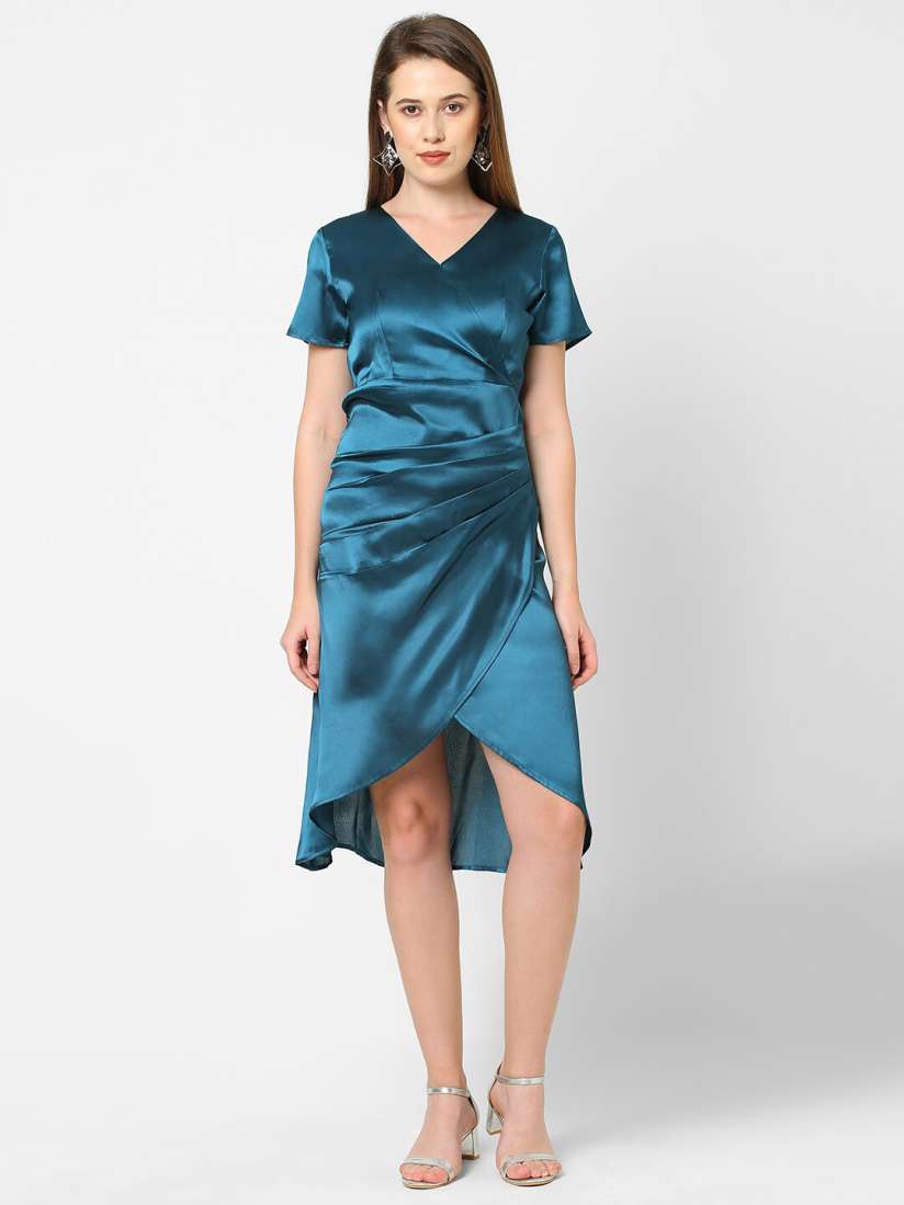 Teal satin wrap dress clearance