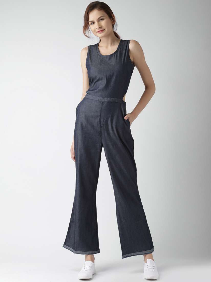 Buy Mast Harbour Blue Wide Leg Denim Jumpsuit Jumpsuit for Women 1743544 Myntra