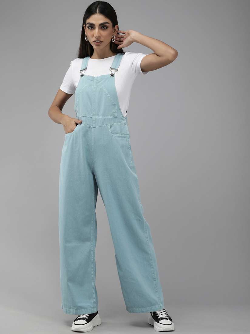 Buy The Roadster Lifestyle Co.Women Blue Solid High Rise Wide Leg Denim Dungarees Dungarees for Women 17438326 Myntra