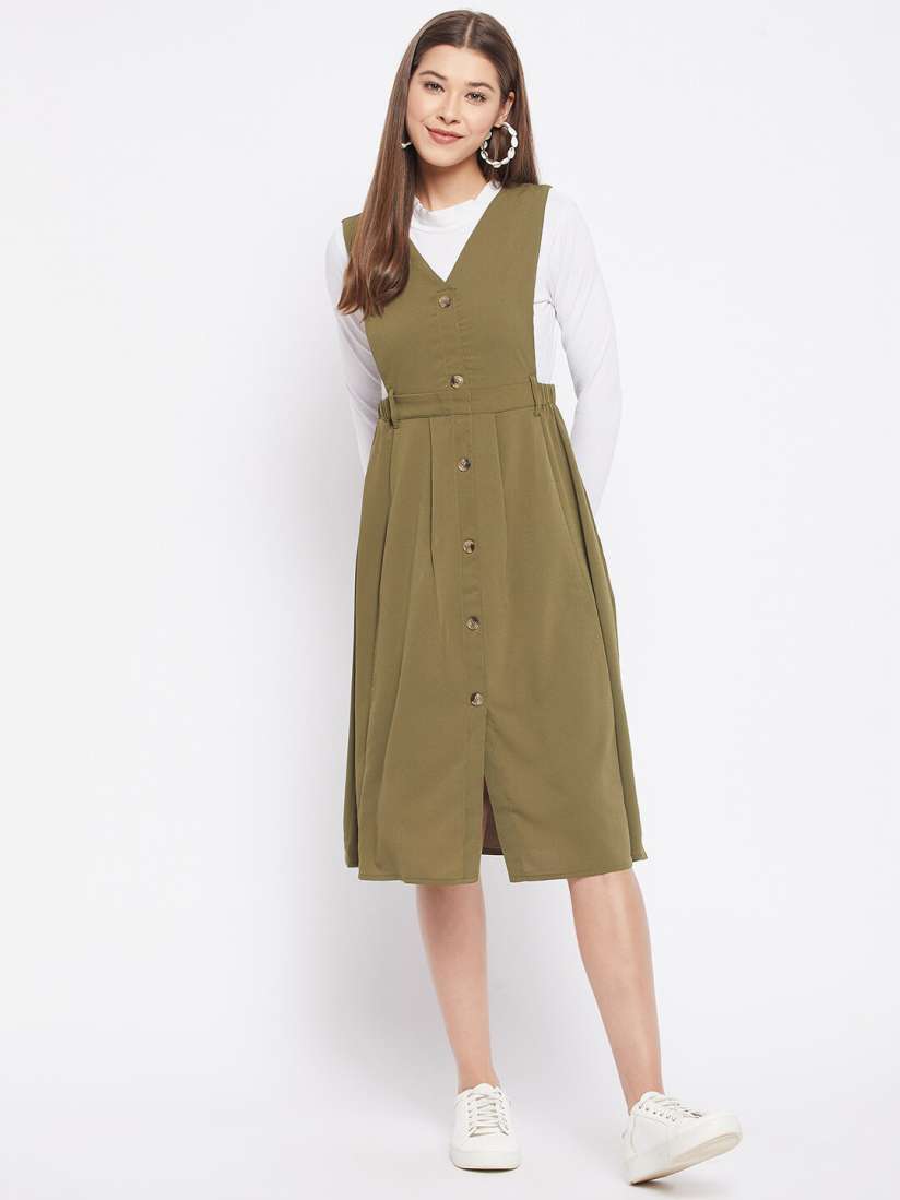 Buy WineRed Olive Green Solid Pinafore Dress Dresses for Women 17445054 Myntra