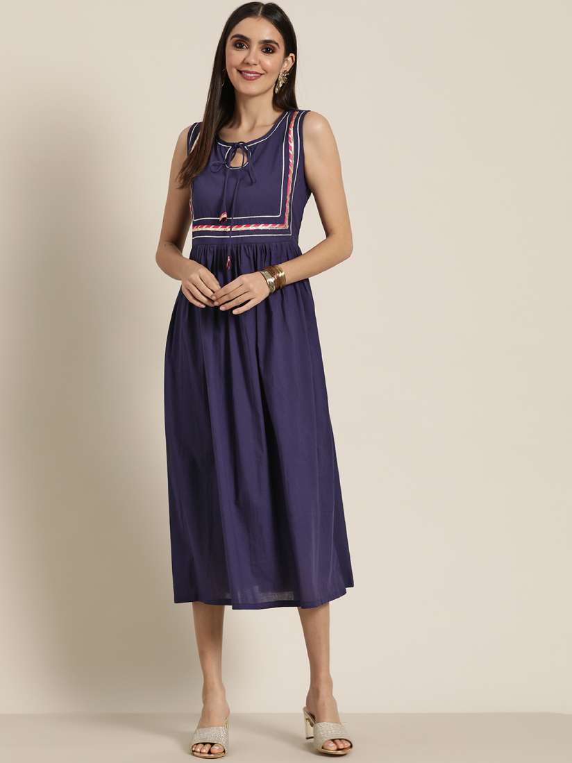 Buy Shae by SASSAFRAS Navy Blue Tie Up Neck Ethnic A Line Midi Dress Ethnic Dresses for Women 17449670 Myntra