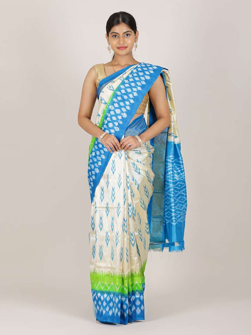 Buy Pothys Cream Coloured Blue Zari Pure Silk Pochampally Saree Sarees for Women 17485214 Myntra