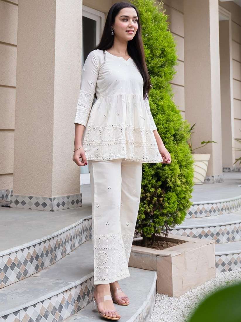 Buy Libas Women Off White Embroidered Pleated Mirror Work Pure Cotton A Line Kurti Set Kurta Sets for Women 17487144 Myntra