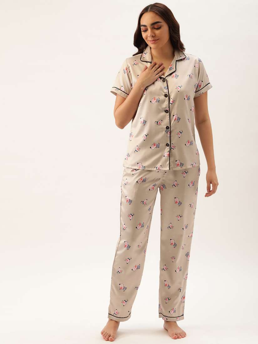 Buy Clt.s Women Beige Conversational Printed Night Suit Night suits for Women 17501162 Myntra