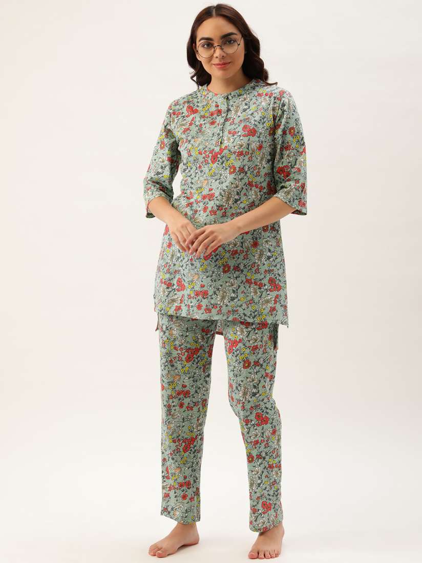 Buy Clt.s Women Green Pure Cotton Floral Print Pyjama Set Night suits for Women 17501230 Myntra