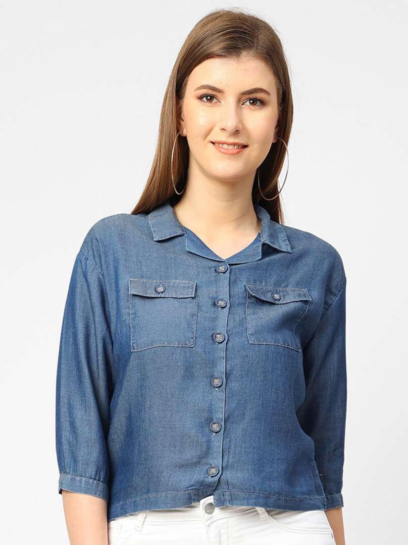 Buy Kraus Jeans Women Blue Slim Fit Faded Casual Denim Shirt Shirts for Women 17522312 Myntra