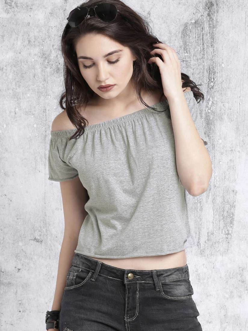 Buy Roadster Women Grey Solid Bardot Top Tops for Women 1753438 Myntra