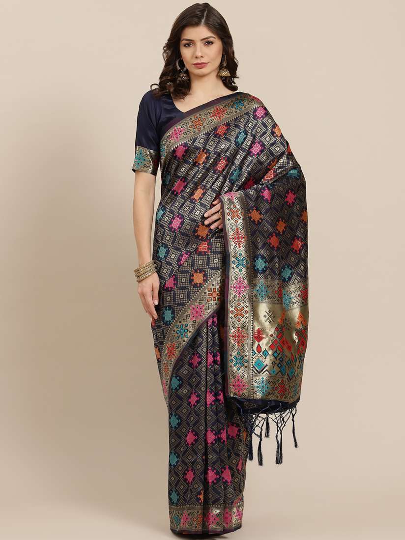Buy Inddus Navy Blue Golden Woven Design Zari Silk Blend Saree Sarees for Women 17535188 Myntra