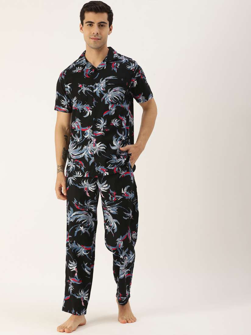 Buy Bene Kleed Men Black Grey Tropical Print Pure Cotton Pyjamas Set Night suits for Men 17535368 Myntra