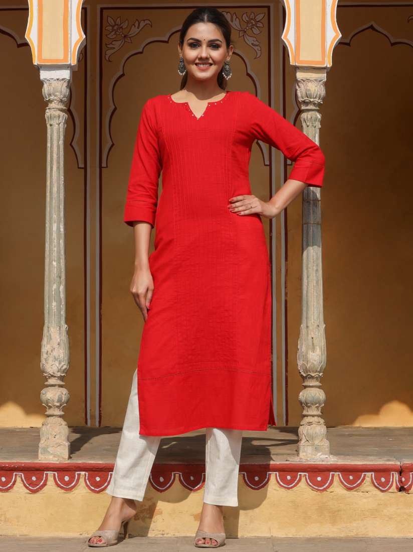 Buy Jaipur Kurti Women Red Cotton Pin Tucks Straight Kurta Kurtas for Women 17547020 Myntra