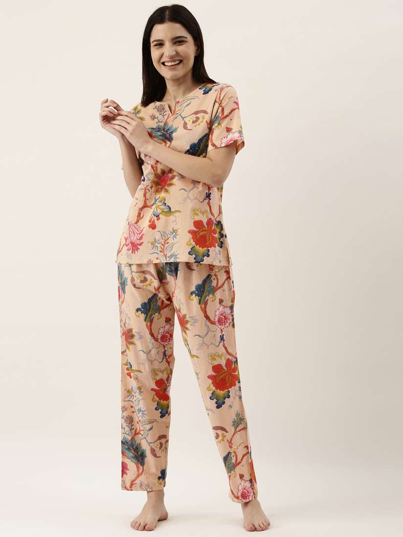 Buy SANSKRUTIHOMES Women Beige Pure Cotton Floral Print Pyjama Set Night suits for Women 17596658 Myntra