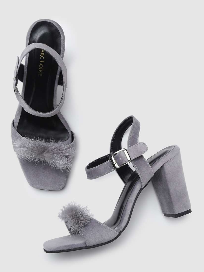 Ladies Sandals Faux Fur Buckle Sandals Marc Loire Grey PU Block