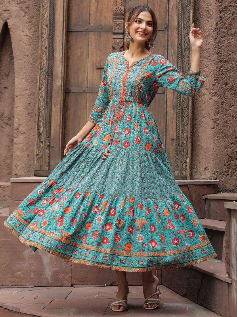 Buy Rain Rainbow Women Green Red Ethnic Pure Cotton A Line Midi Dress Ethnic Dresses for Women 17606360 Myntra