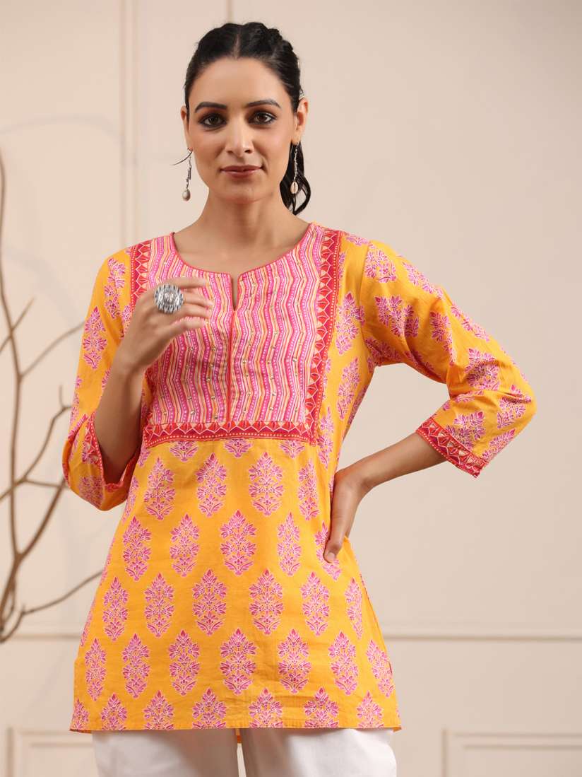 Buy Rain Rainbow Women Orange Pink Ethnic Printed Sequinned Pure Cotton Kurti Kurtis for Women 17606378 Myntra