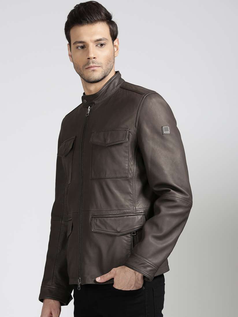 Buy BOSS Orange Brown Jeep Lamb Leather Biker Jacket Jackets for Men Myntra