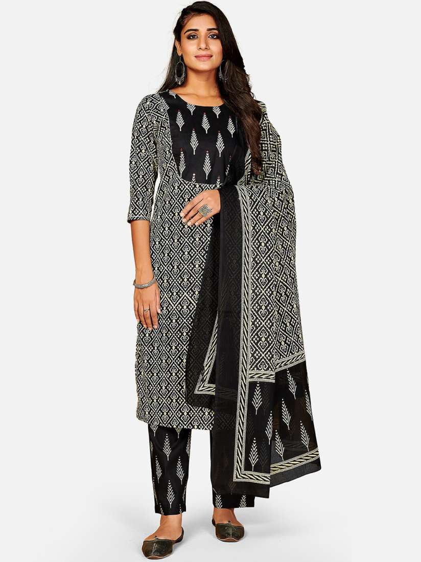Buy KALINI Women Black Ethnic Motifs Printed Pure Cotton Kurti with Churidar With Dupatta Kurta Sets for Women 17615584 Myntra