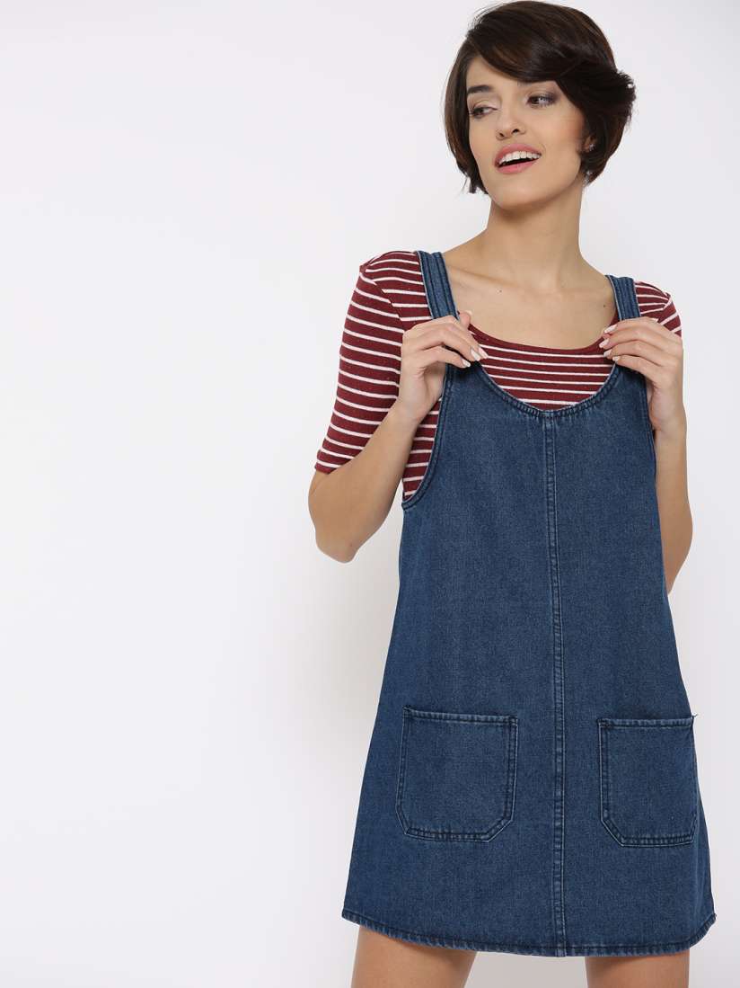 Buy FOREVER 21 Women Blue Solid Denim Dungaree Dress Dresses for Women 1762322 Myntra