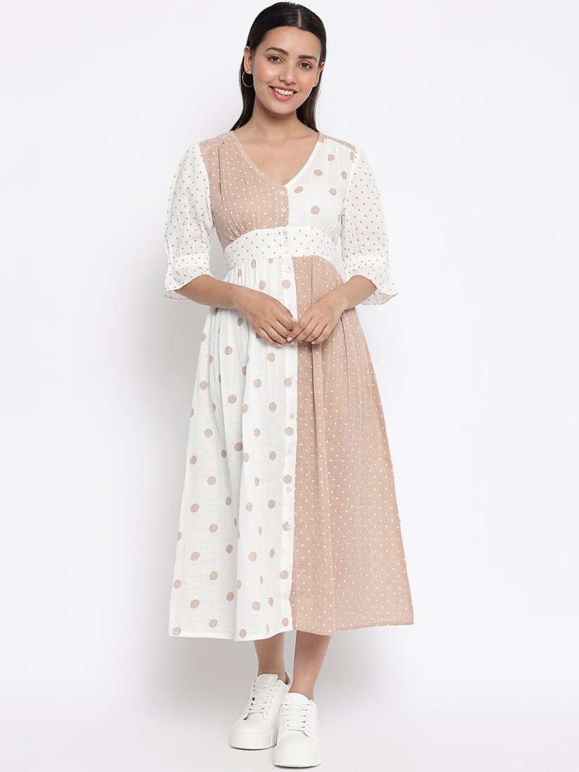 Buy Fabindia Women White Beige Cotton Polka Dot Fit Flare Dress Dresses for Women 17625144 Myntra