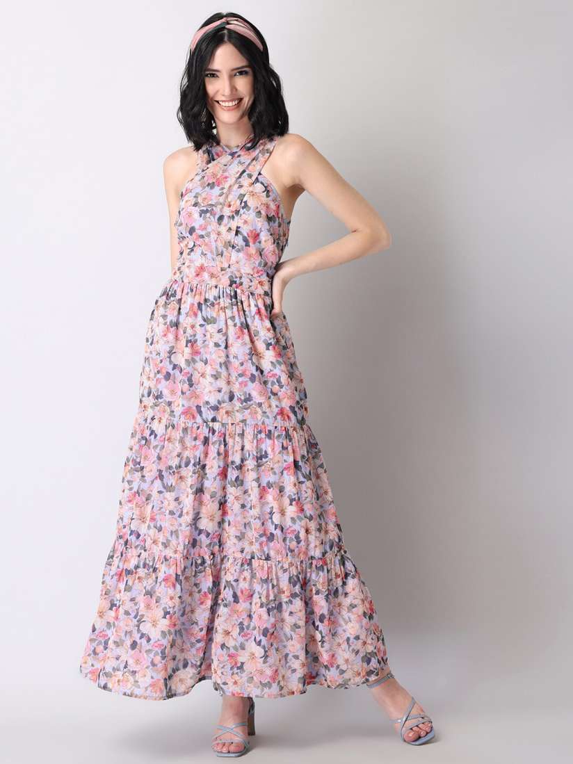 Buy FabAlley Women Blue Pink Floral Georgette Maxi Dress