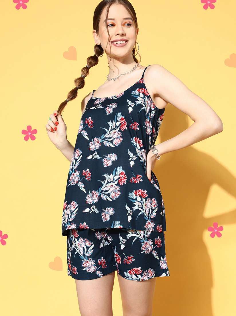 Buy MBeautiful Women Navy Blue Floral Sleep Staple Night Suit Night suits for Women 17627304 Myntra