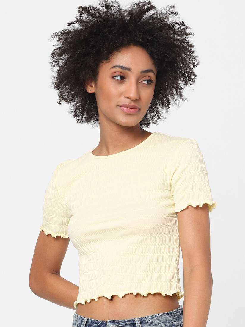 yellow smocked crop top