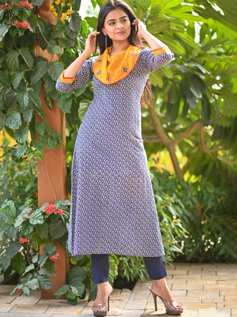 Buy Maishi Women Navy Blue Geometric Embellished Cowl Neck Kurta Kurtas for Women 17629400 Myntra
