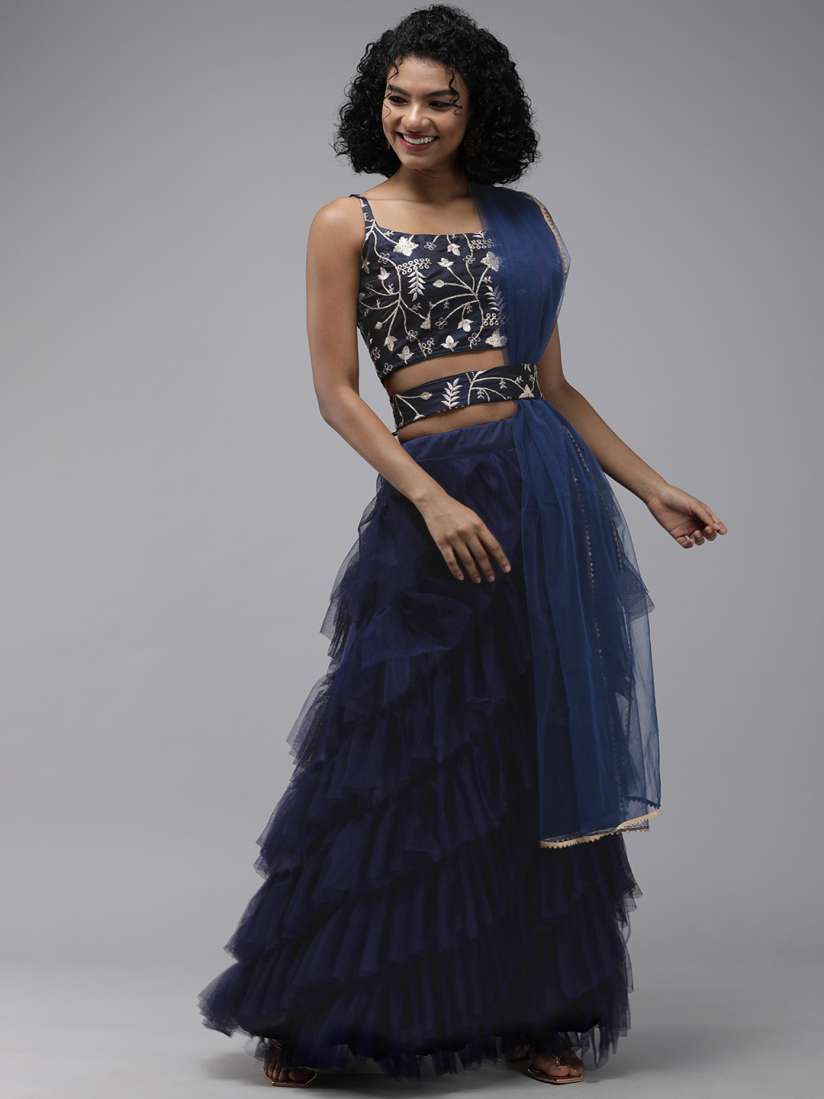 Buy DIVASTRI Navy Blue Embroidered Semi Stitched Lehenga Unstitched Blouse With Dupatta Lehenga Choli for Women 17647840 Myntra