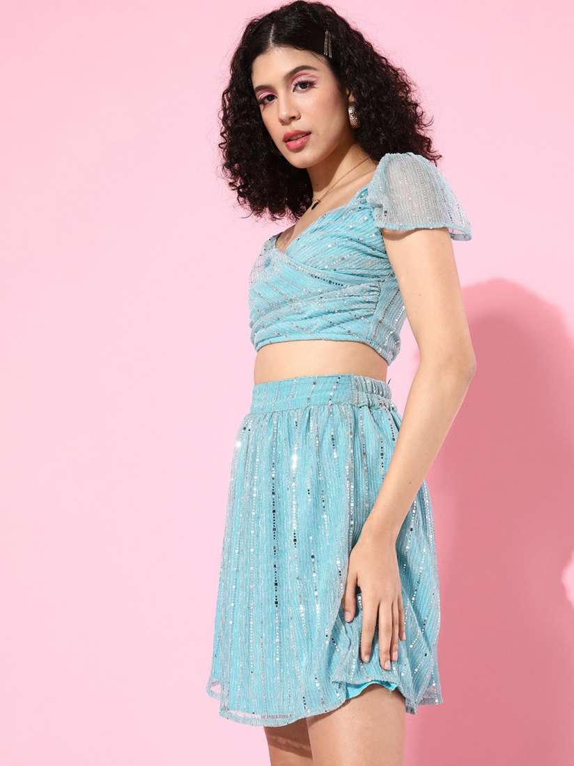 Buy Sera Women Blue Silver Sequinned Wrap Crop Top Skirt Co Ords for Women 17656496 Myntra