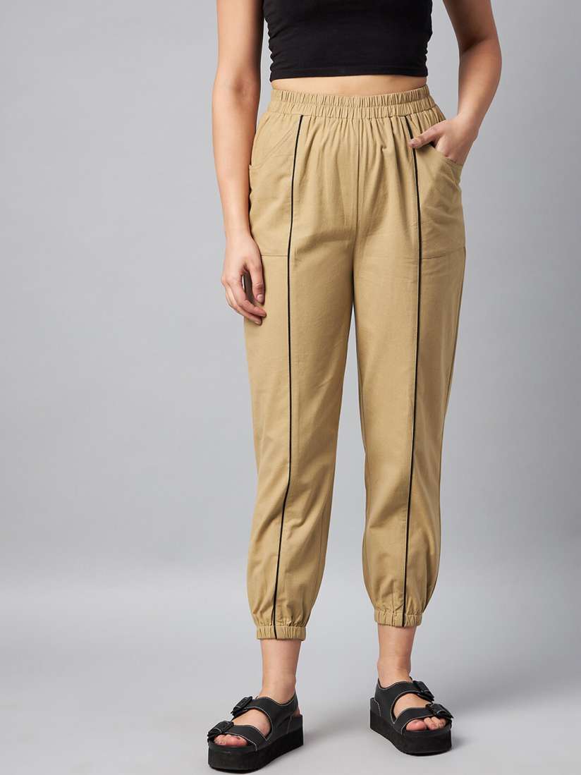 Buy Orchid Blues Women Beige Relaxed High Rise Cotton Joggers Trousers for Women 17664272 Myntra