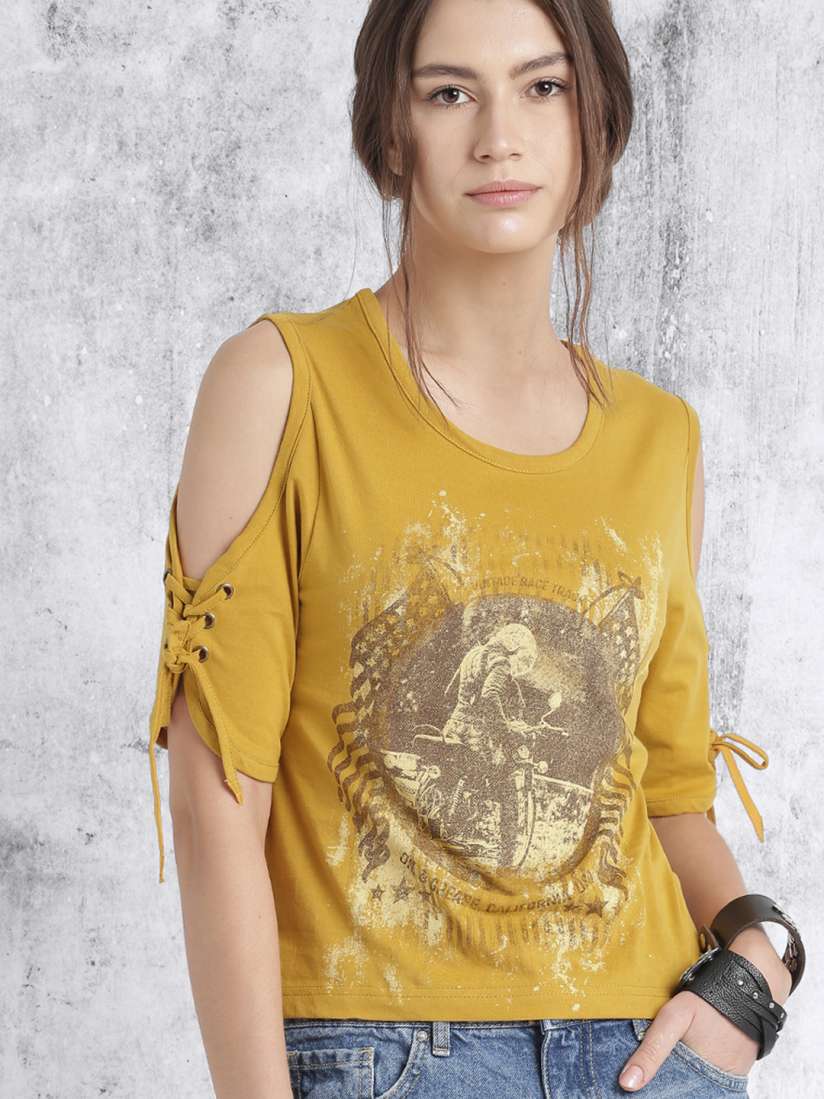 Mustard yellow cold shoulder top outlet
