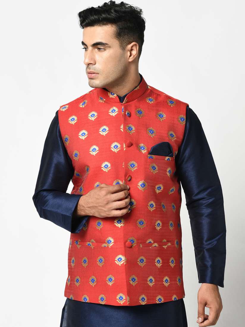 Red silk blend nehru jacket outlet