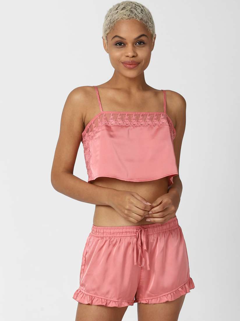 Buy FOREVER 21 Women Rose Pink Lace Detail Night Suit Night suits for Women 17676484 Myntra