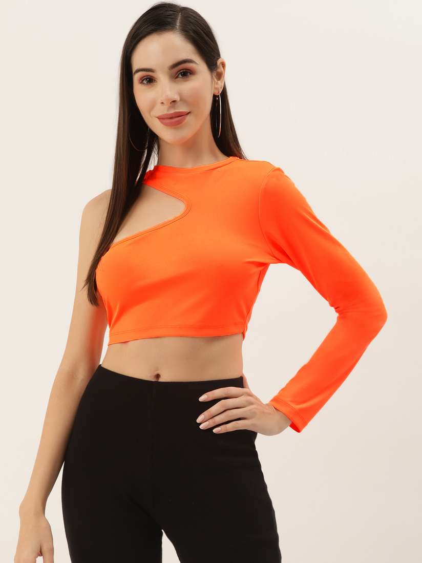 Buy Aayna Orange Solid One Shoulder Crop Top Tops for Women