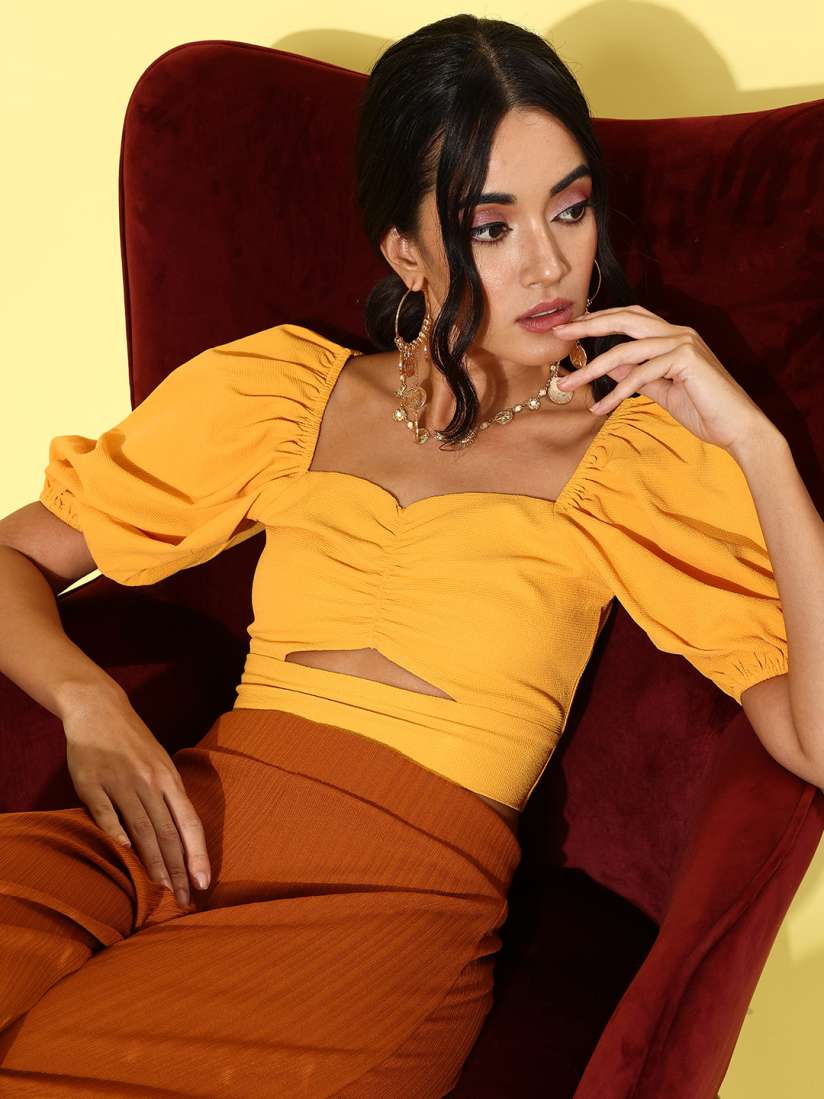Buy Style Quotient Women Yellow Solid Cut Out Detail Smocked Bardot Crop Top Tops for Women 17692612 Myntra