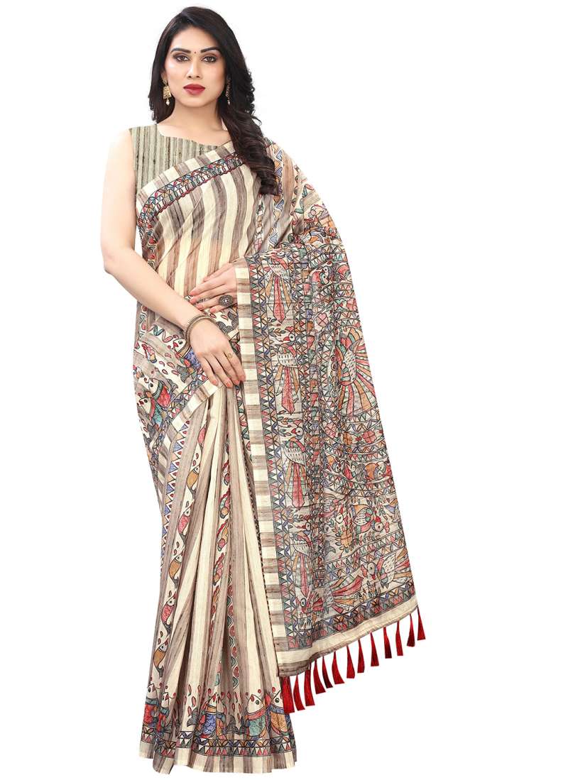 Buy Silk Land Cream Coloured Brown Kalamkari Saree With Tassels Sarees for Women 17693250 Myntra