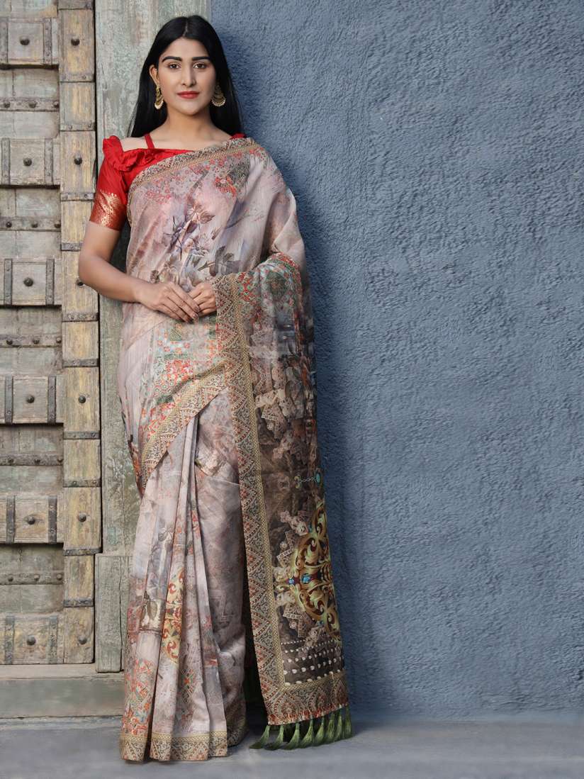 Buy Silk Land Grey Pink Kalamkari Saree With Tassels Sarees for Women 17693360 Myntra