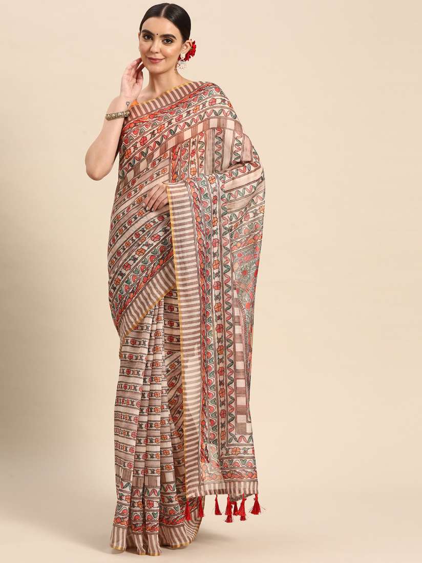 Buy Silk Land Cream Coloured Red Kalamkari Saree With Tassels Sarees for Women 17693406 Myntra