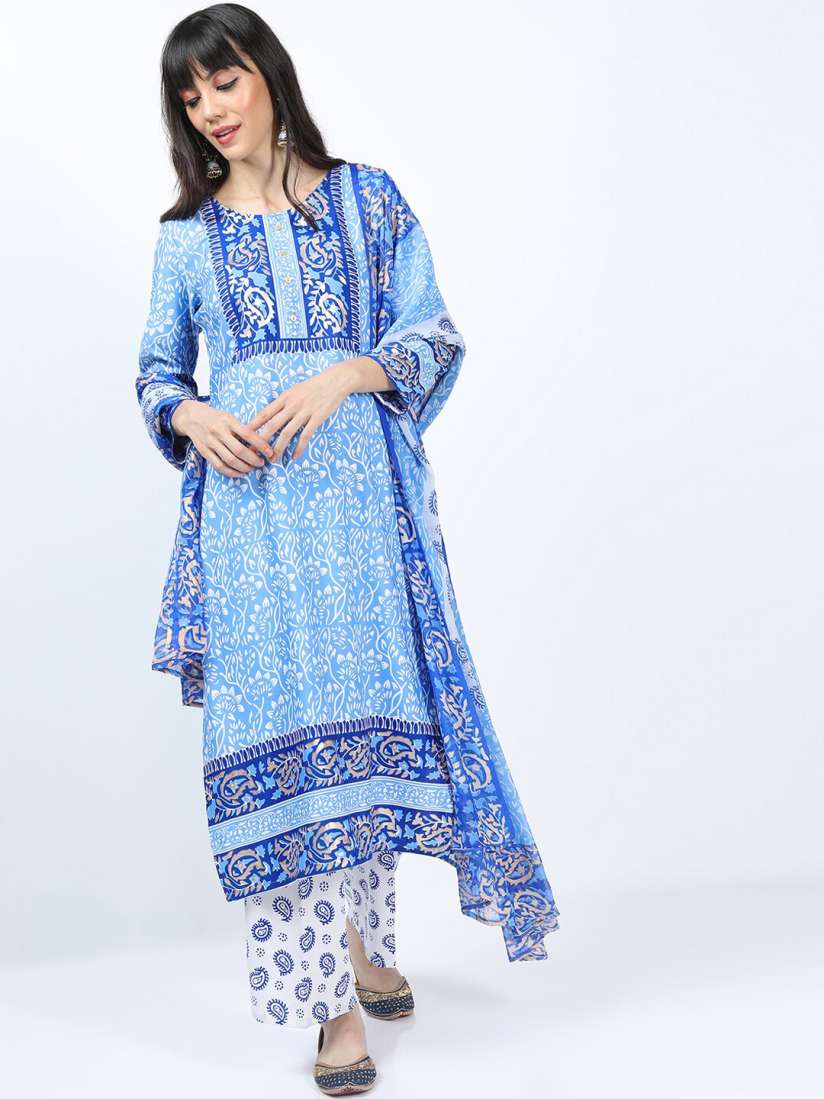 Buy Vishudh Women Blue Ethnic Motifs Printed Kurta with Palazzo Dupatta Kurta Sets for Women 17706080 Myntra